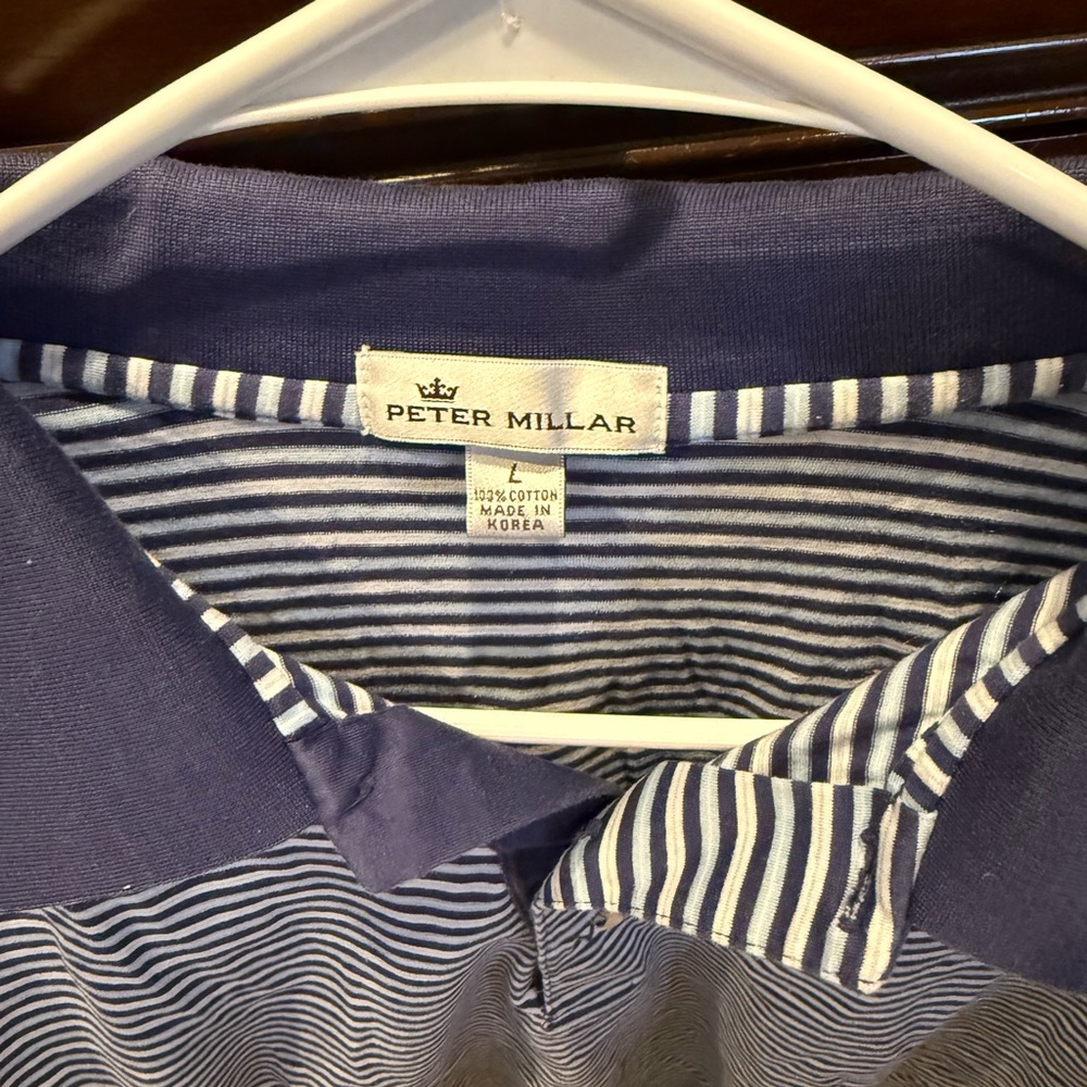 Peter Millar Men's Navy and White Striped Polo L
